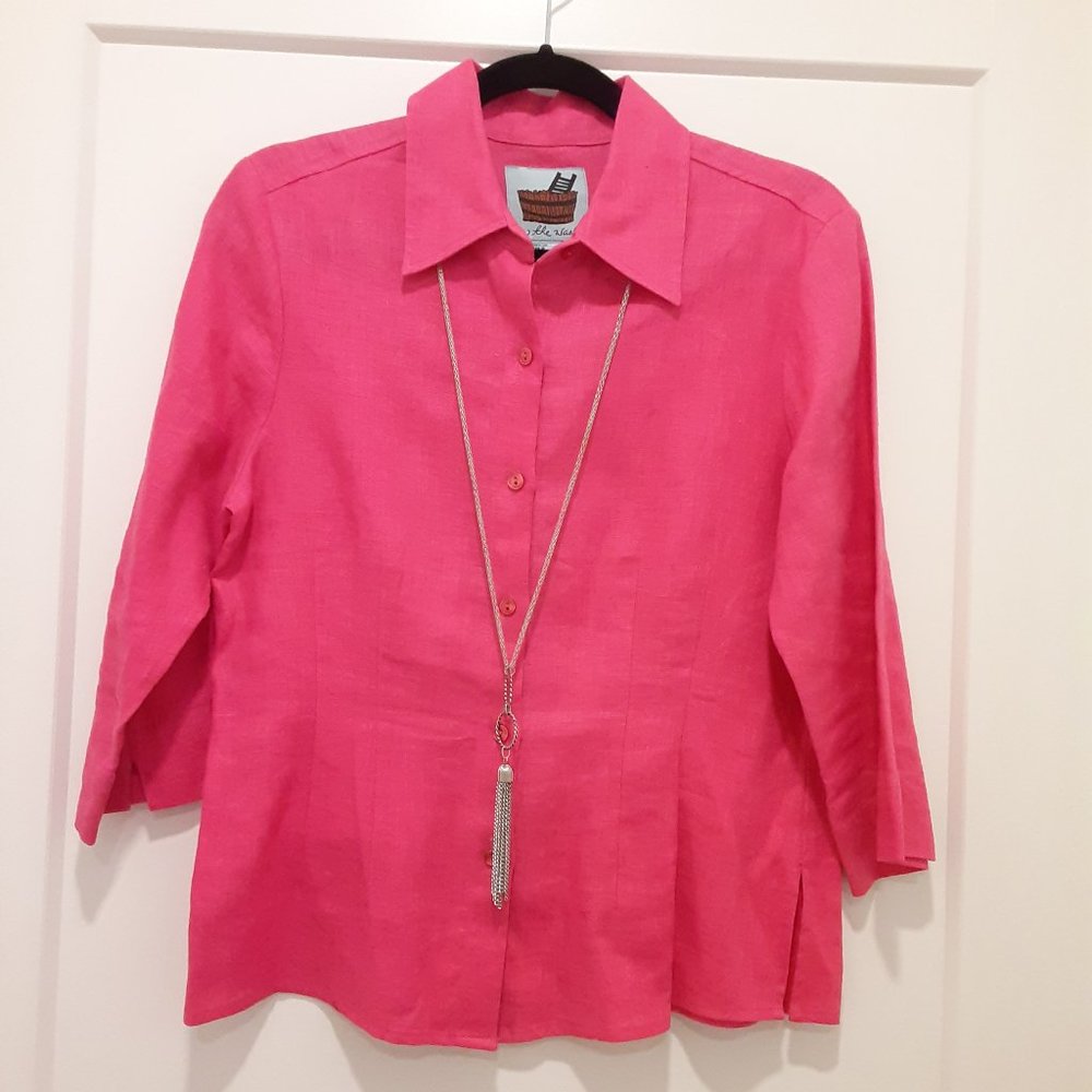 Pink linen button-down women’s top ¾ sleeves (S)
